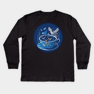 Fantasy Blue Teacup Illustration Kids Long Sleeve T-Shirt